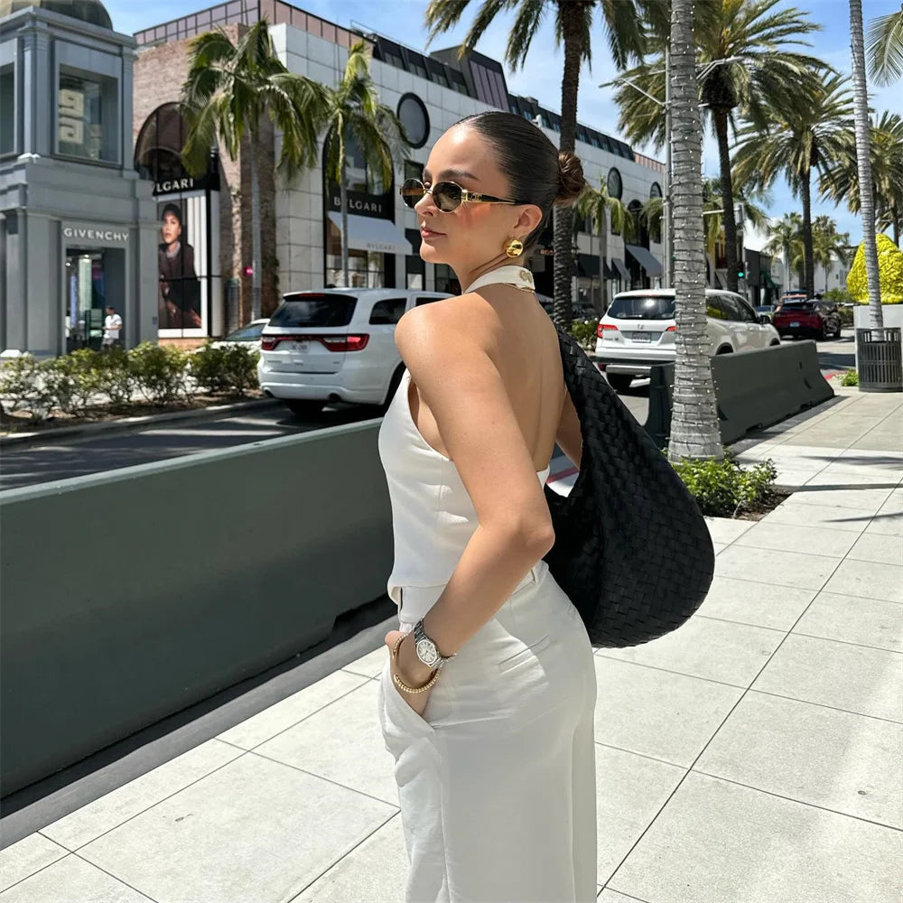 Women's Solid Colour Backless Hanging Neck Collar Vest Long Trousers Set