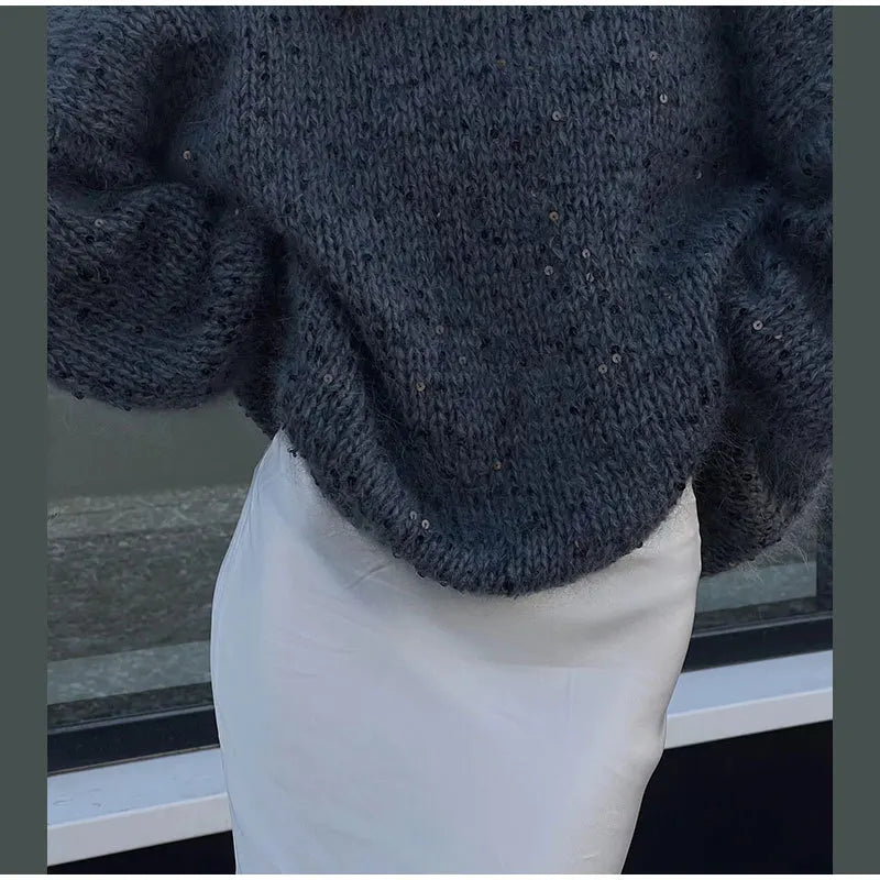 Women's Sequined Mohair Loose Round neck Lantern Long Sleeve Glitter Knitted Pullover Sweater