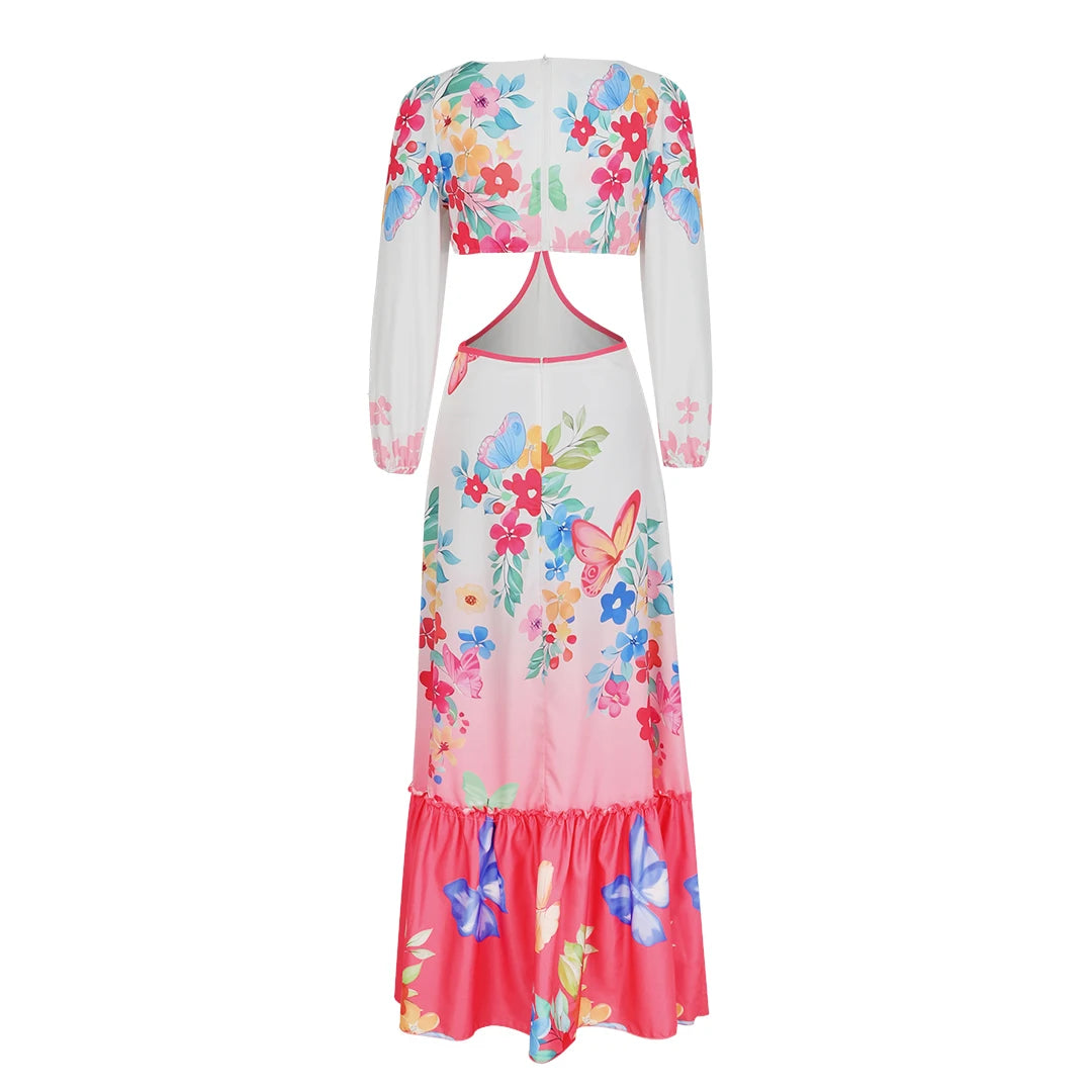 Women's Floral Print Long Sleeve Halter Naked Waist Long Summer Dress