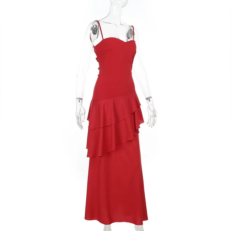 Women's Red Ruffled Slip Maxi Dress - Backless Summer Vacation Dress