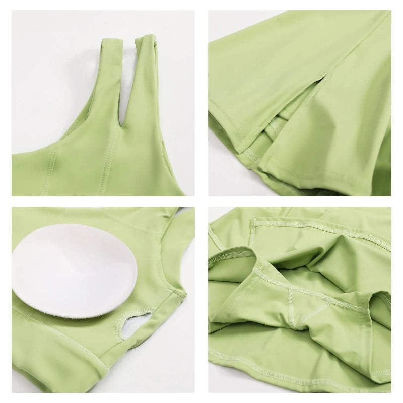 Women’s 2pc Sports Skirt Suit Outdoor Leisure Single Shoulder Bra Suit Quick Drying Tennis Set Yoga workout Skirt Set