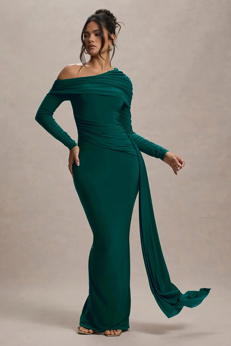 Women's Skew Collar Long Sleeve Maxi Backless Draped Ruched Bodycon Long Dress