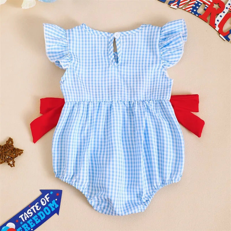 Baby Girls Independence Day Romper - Cute Ruffles Fly Sleeve Plaid Print Jumpsuit (0-18M)