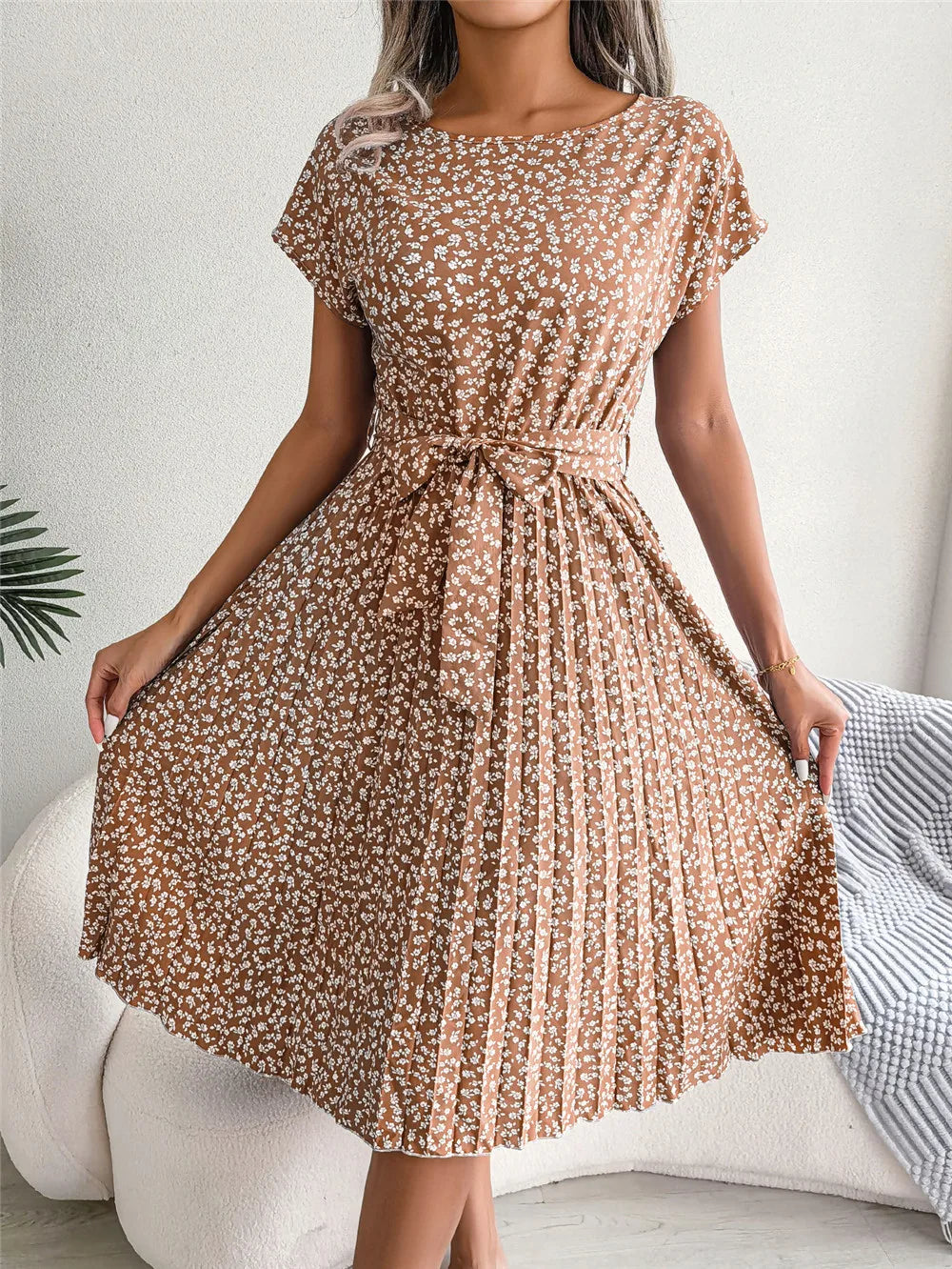 Women's Floral Pleated A Line Long Spring Summer Short Sleeve High Waist Chic Dress