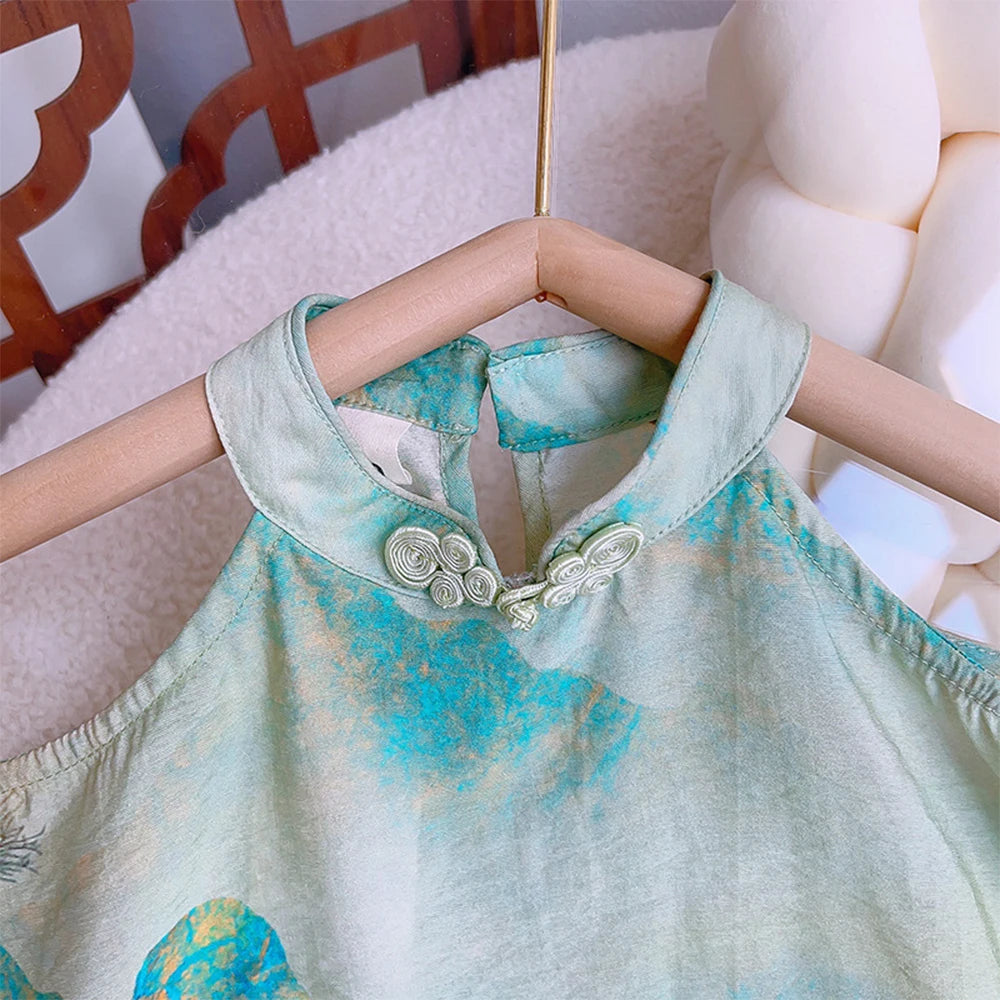 Girls' Set Summer Style Printed Standing Neck Tassel Top and Shorts Two Piece Set