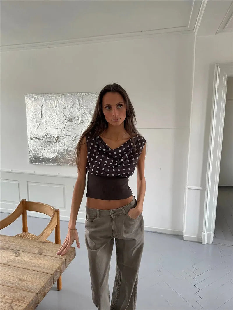 Women's Backless Polka Dot Crop Top Summer New Oblique Shoulder Sleeveless Tank Top
