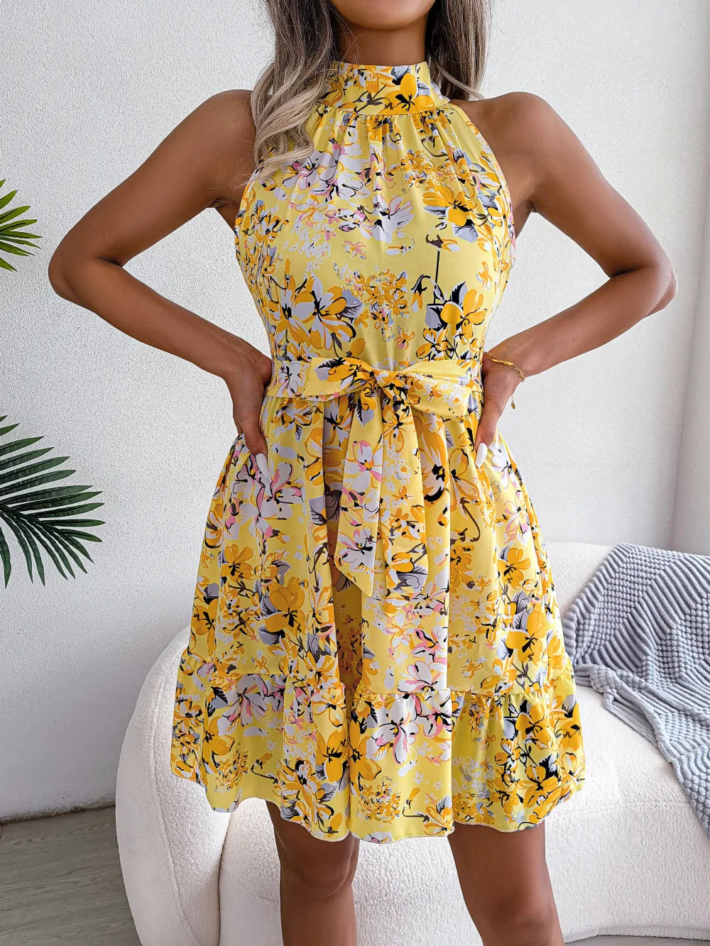 Women's Floral Halter Neck Sleeveless Lace Up Ruffled A Line Spring Summer Short Dress