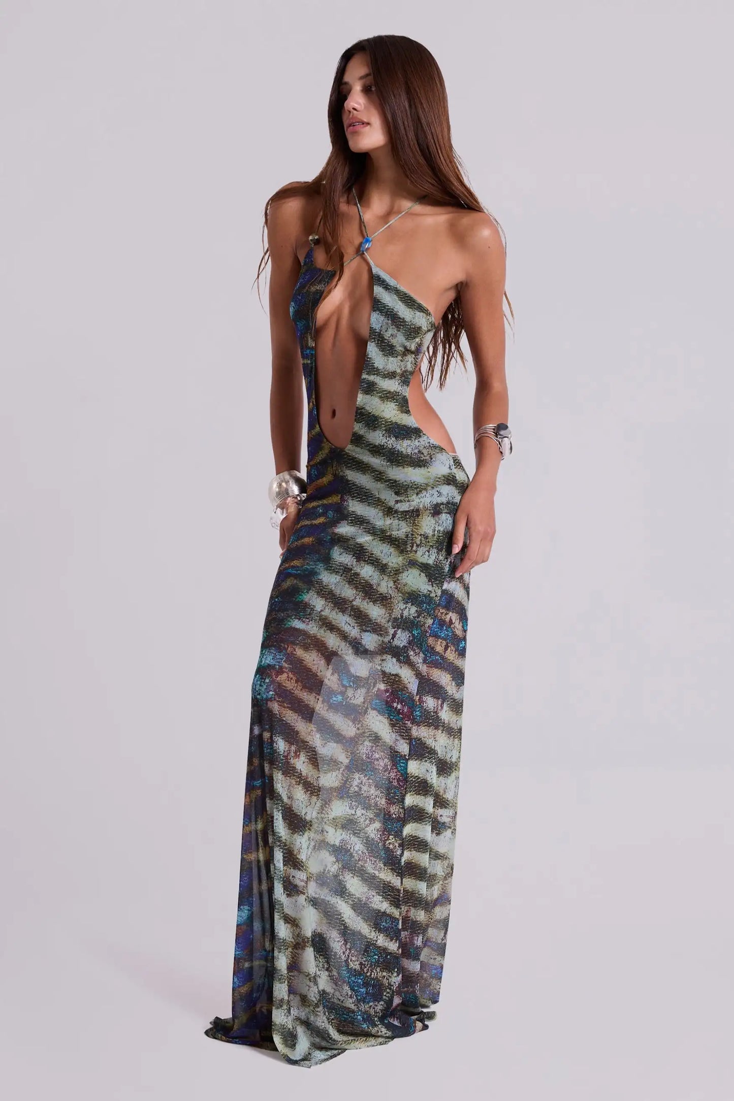 Bohemian Halter Maxi Dress - Asymmetric Print Beach Cover-Up