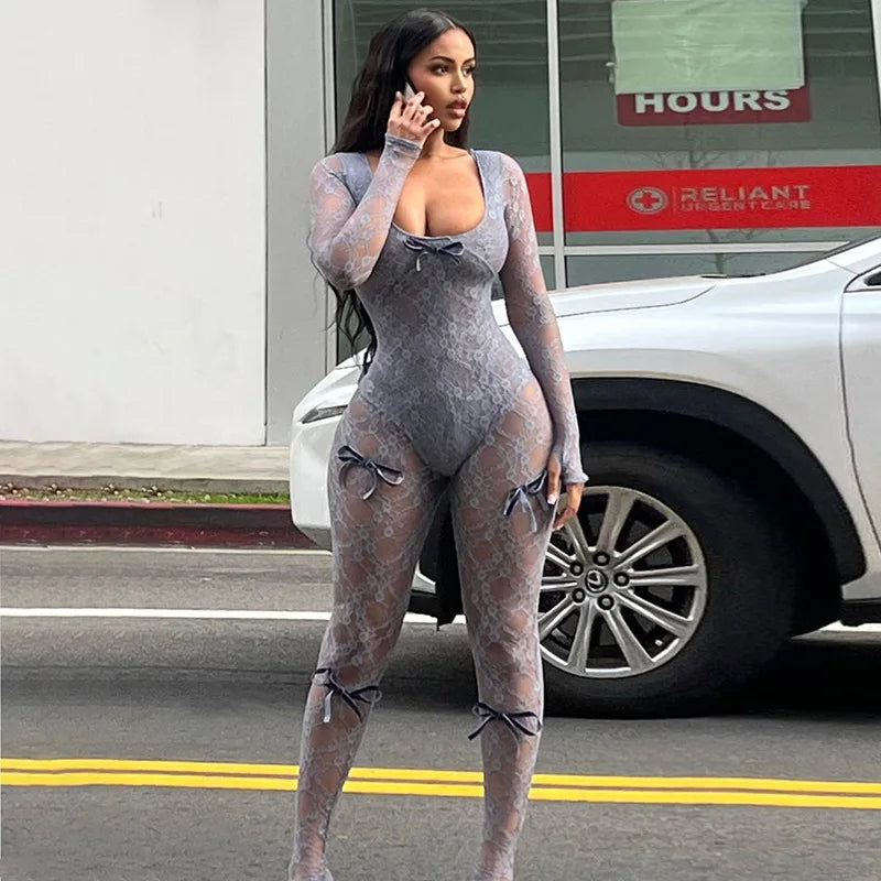 Women's See Through Mesh Jumpsuit Bow Splice Long Sleeve Bodycon One Piece