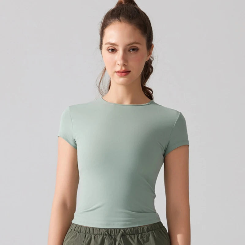 Women's Summer Short Sleeve Yoga T-Shirt Solid Color Slim Fit Gym Running Top Round Neckline Breathable Quick Dry Fitness Sportswear