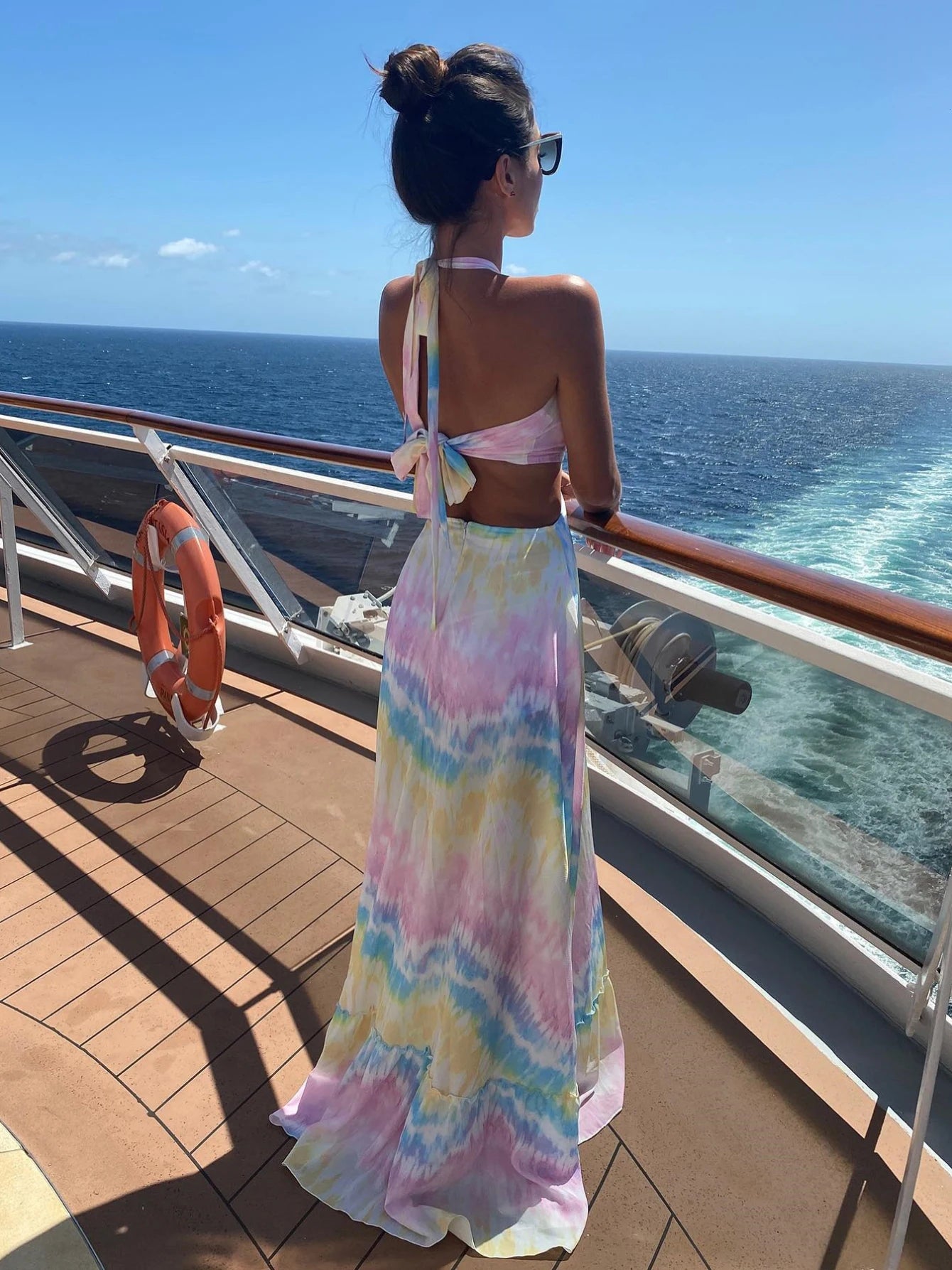 Women's Colourful Print Halter Tie Up Strapless Naked Waist A-line Maxi Summer Dress