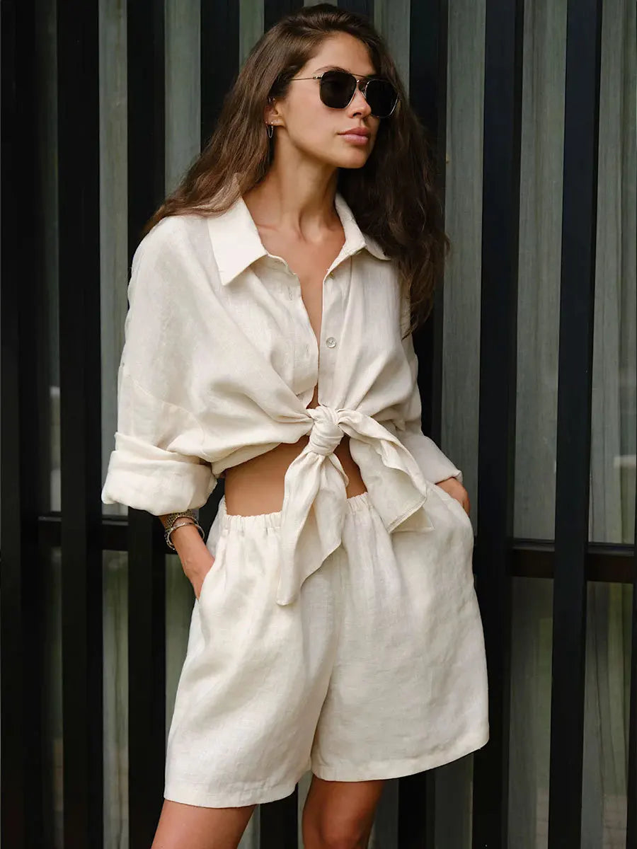 Women's 100% Cotton 2 Pieces Cosy Lapel Lantern Sleeve Shirt Summer Outfit Elastic Waist Shorts Set