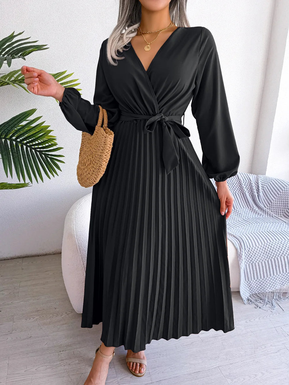 Women's Spring Summer Cross V Neck Large Hem Pleated Long Dress
