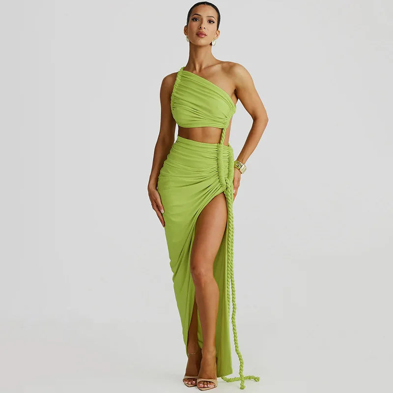 Women's Off-shoulder Thigh High Split Maxi Strapless Sleeveless Ruched Bodycon Party Dress