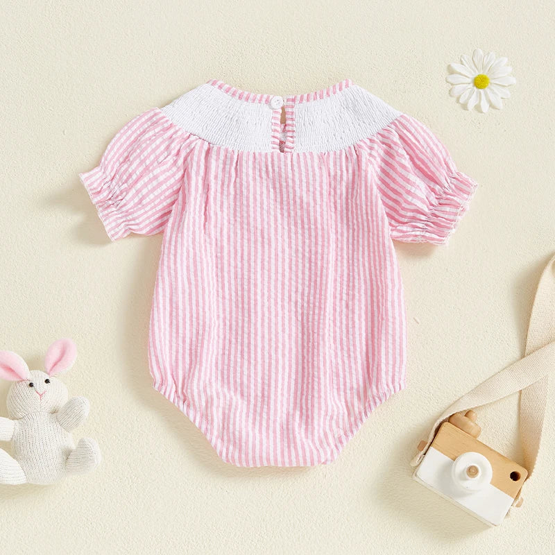 Baby Girls Easter Rabbit Embroidery Romper Dress - Striped Puff Sleeve Outfit