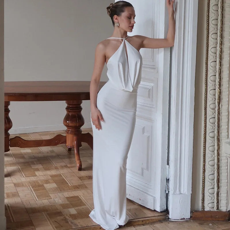 Women's Draped Cut Out Maxi Outfit Gown Backless Solid Plunge Slip Dress