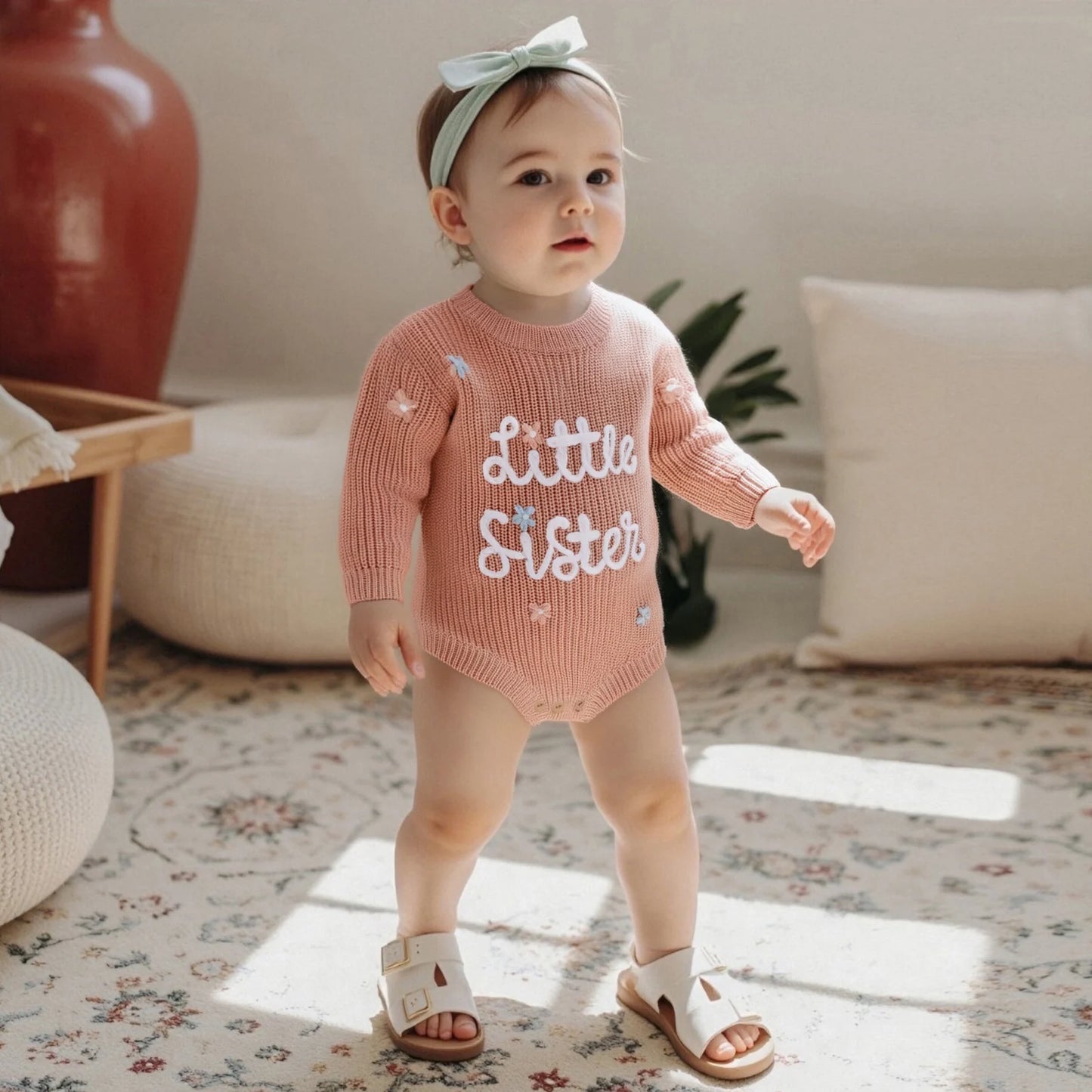 Newborn Baby Sweater Romper - Letter Floral Embroidery Round Neck Knit Jumpsuit