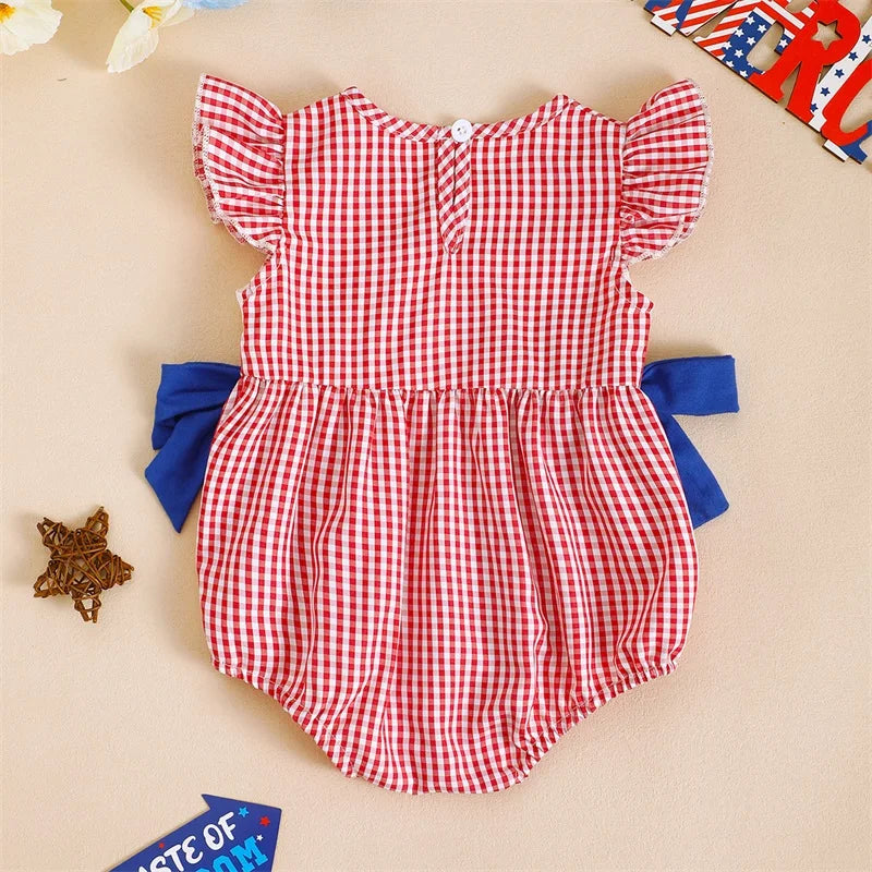 Baby Girls Independence Day Romper - Cute Ruffles Fly Sleeve Plaid Print Jumpsuit (0-18M)