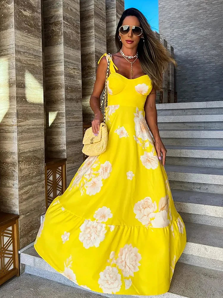 Women's Floral Printed Elegant Sleeveless Long Lace Up Robe Summer Bodycon Dress