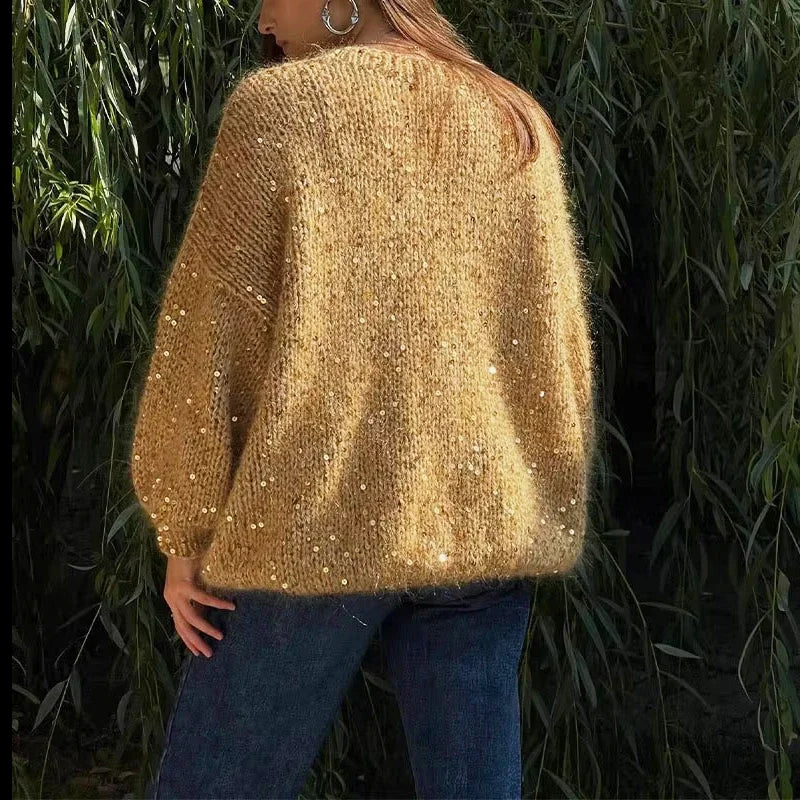 Women's Sequined Mohair Loose Round neck Lantern Long Sleeve Glitter Knitted Pullover Sweater