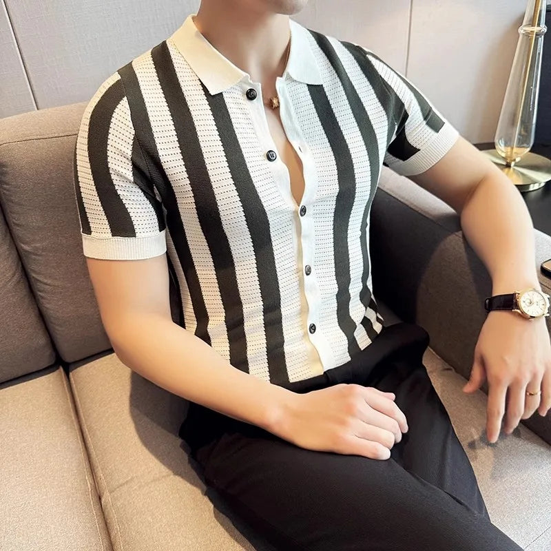 Men's Summer Striped Knit Lightweight Slim Fit Turn Down Collar Short Sleeve Shirt