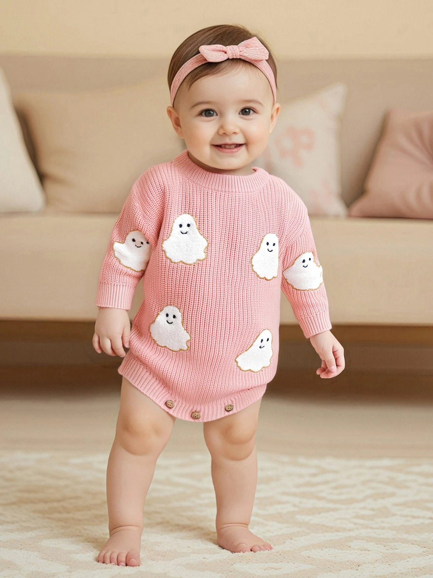 Baby Halloween Sweater Romper - Ghost Embroidery Crewneck Long Sleeve