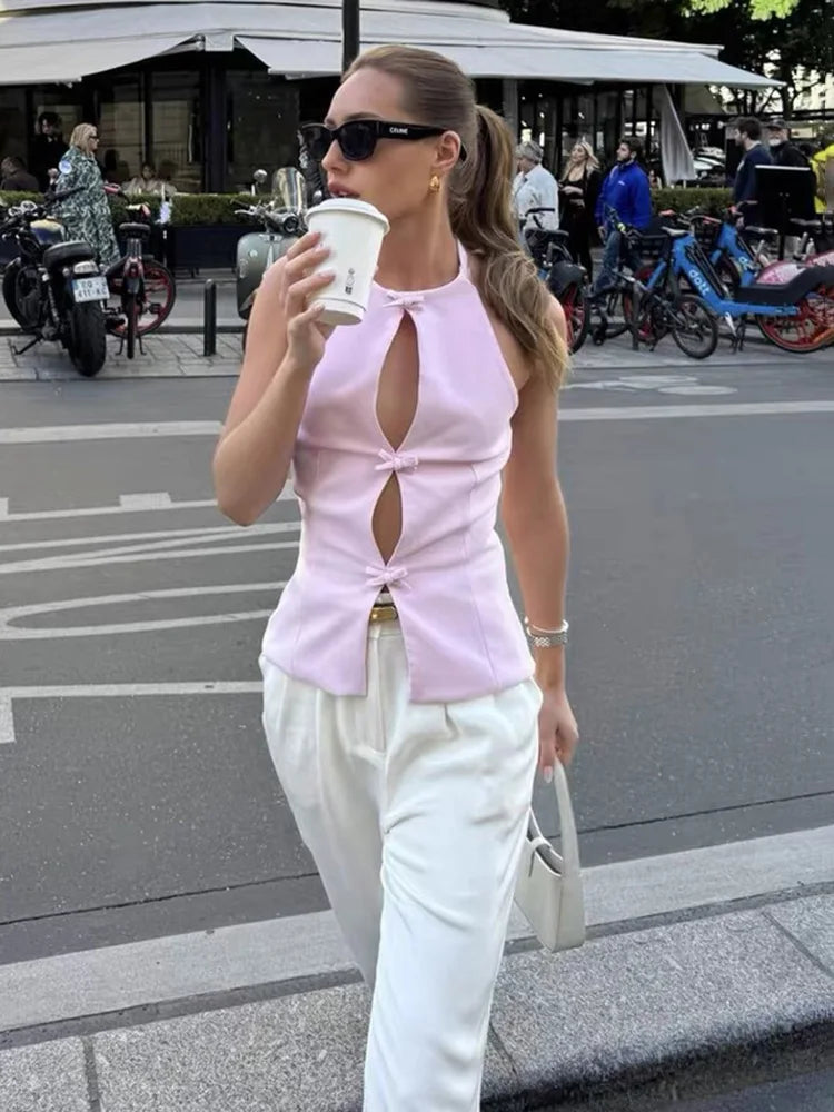 Women's Bows Halter Neck Solid Tank Top Low Waist Mini Skirt Two Piece Set