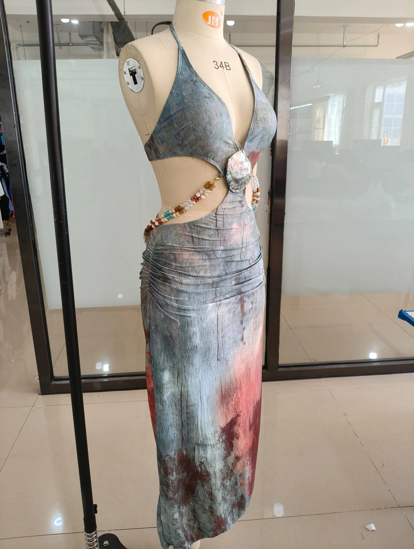 Women's Cut out Shell Bodycon Halter Sleeveless Halter Lace Up Patchwork Long Summer Dress