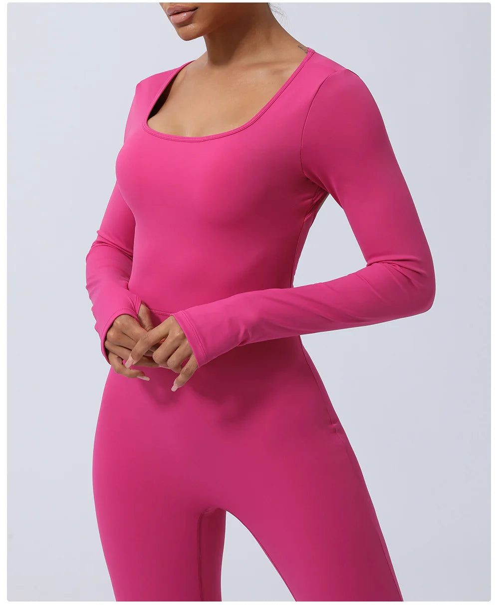 Women's Long Sleeve Gym Jumpsuit - One Piece Yoga Openwork Back Workout Breathable Sportswear