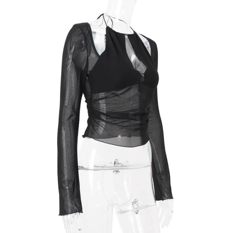 Women's Mesh See Through Long Sleeve Top - Asymmetrical Halter Style