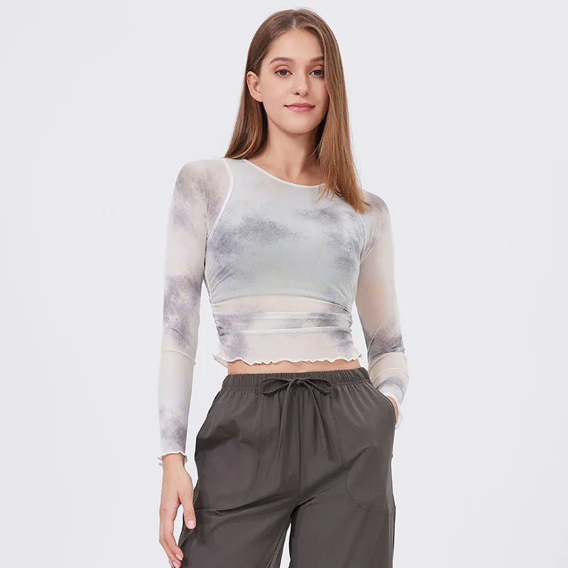 Women's Long Sleeve Yoga Shirt Women Tie-Dye 2 In 1 Gym Crop Top Slim Fit Breathable Running Top With Chest Pads Sportswear