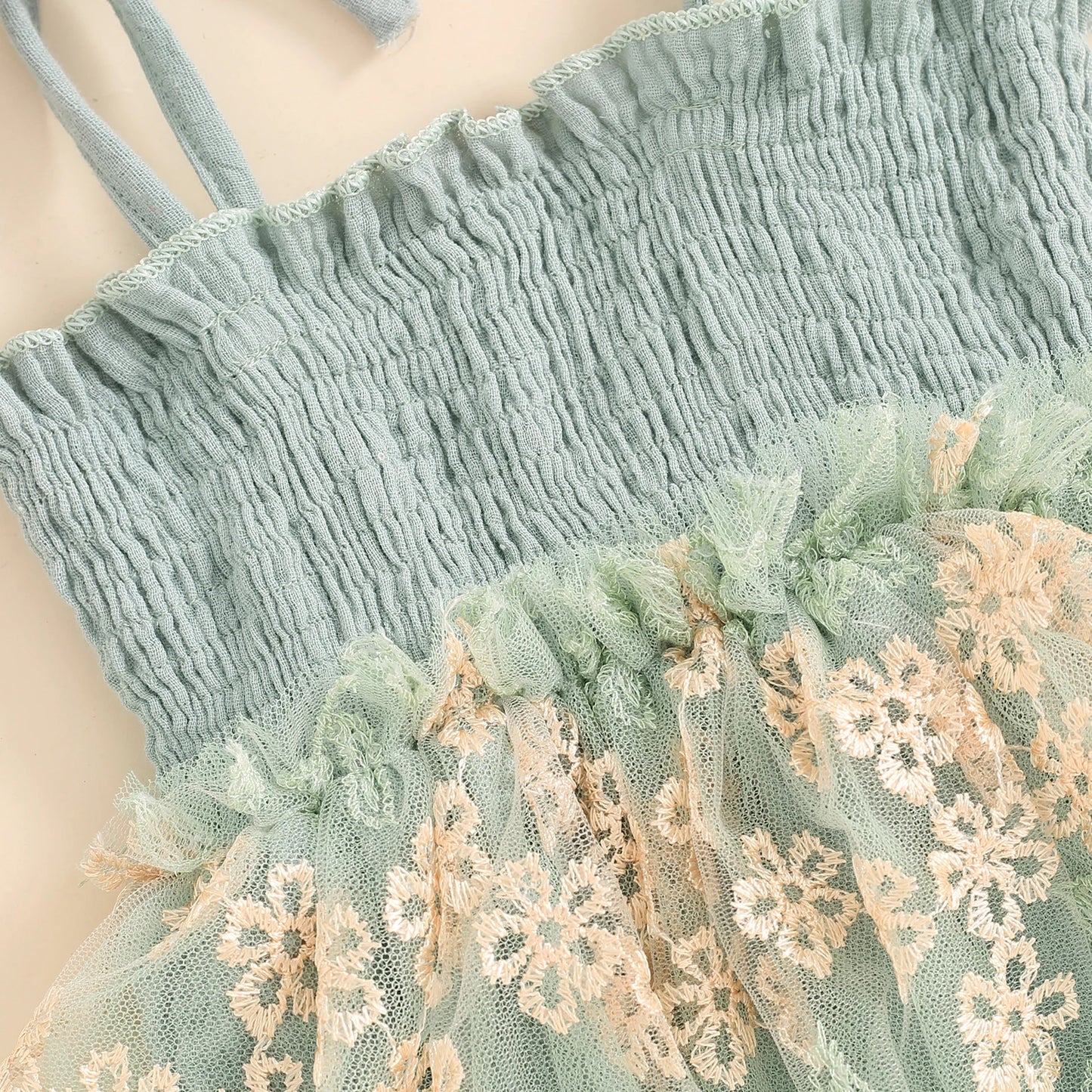 Baby Girls Flower Embroidered Tulle Romper Dress - Tie-Up Spaghetti Strap Jumpsuit with Headband (0-24M)
