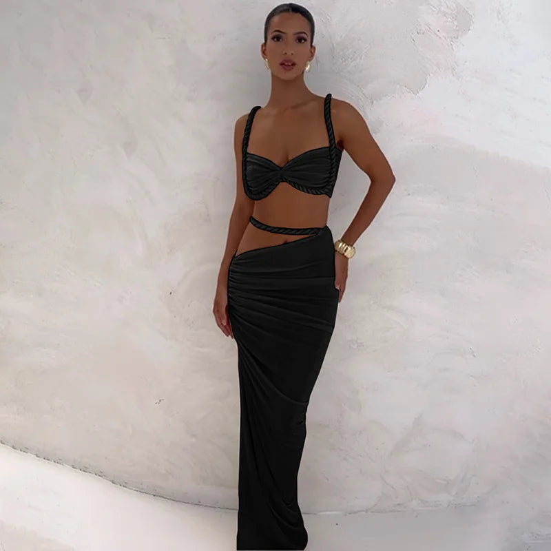 Women's Ruched Bandage 2 Piece Set Backless Decorative Cord Top and Skirt Dress Set