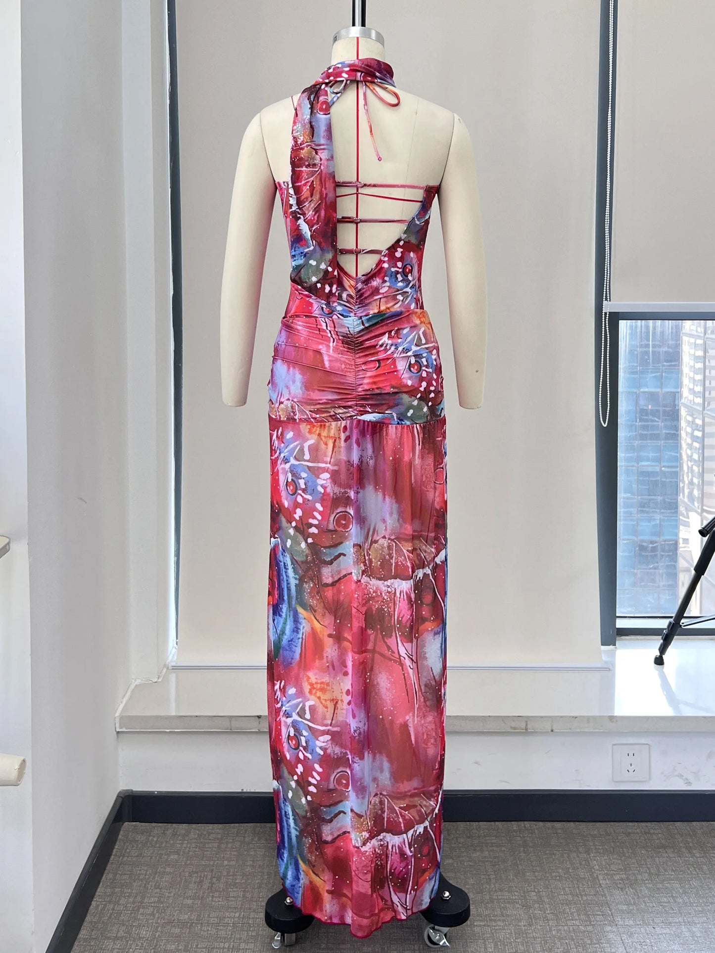 Women's Print Backless Swimwear with Skirt Women Slit Hollow Out Long Summer Bodycon Ruffles Dress