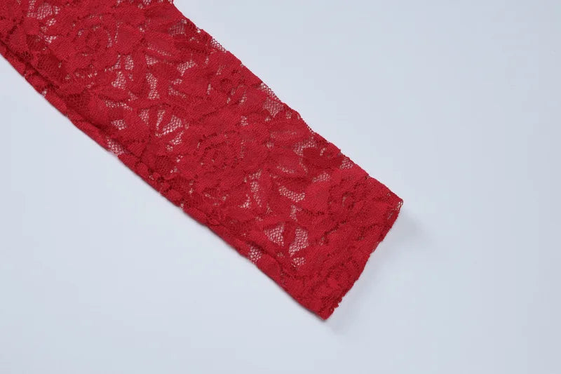 Women's Hollow Lace See Through Red Dress Set Square Neck Top and Skirt 2 Piece Set