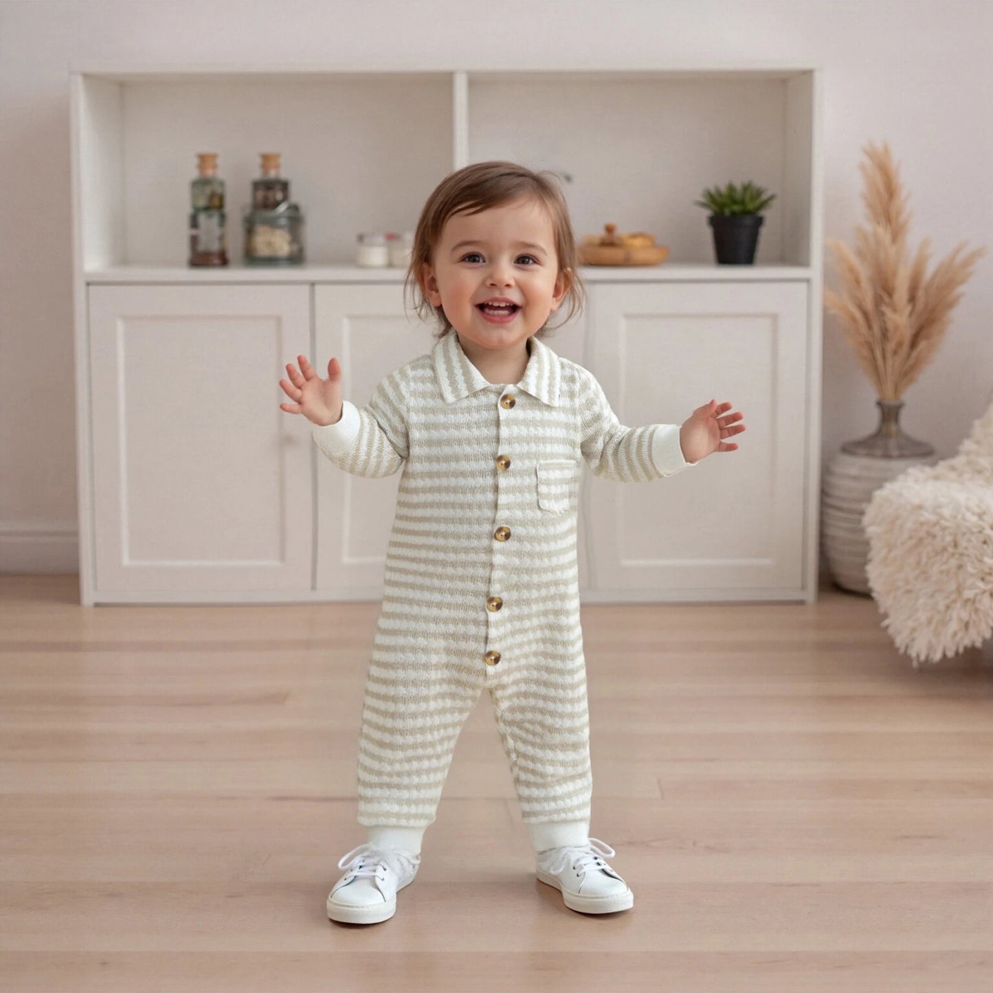 Newborn Baby Fall Winter Jumpsuit Set - Striped Turn-Down Collar Romper & Pants (0-18M)