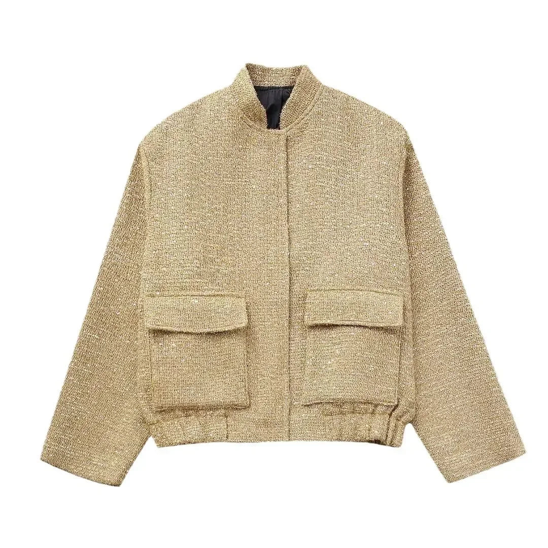 Women's Glitter Chic Sequined Long Sleeve Gold Bomber Jacket