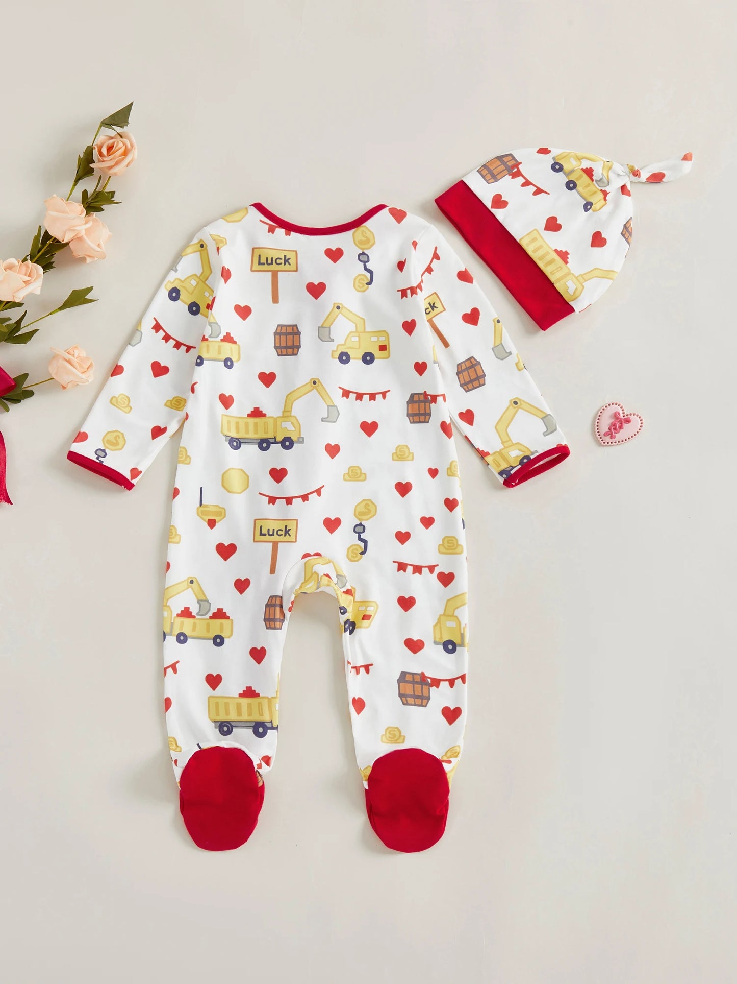 Baby Boys Girls Valentine's Day Romper Set - Excavator Heart Print Jumpsuit with Hat 0-18M