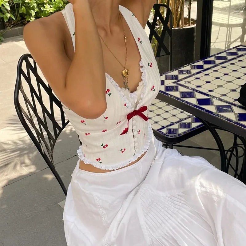 Women's Halter Tank Top Lace Bow Detail Backless Single Breasted Coquette