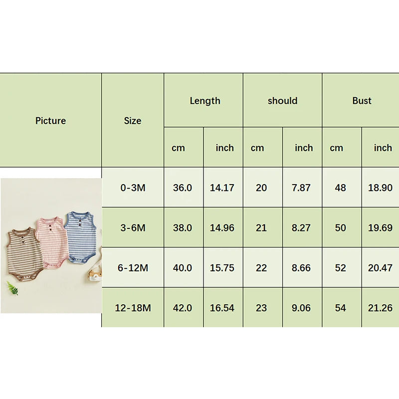 0-18M Baby Girls Boys Rompers Stripe Print Sleeveless Buttons Round Neck Summer Bodysuits Jumpsuit