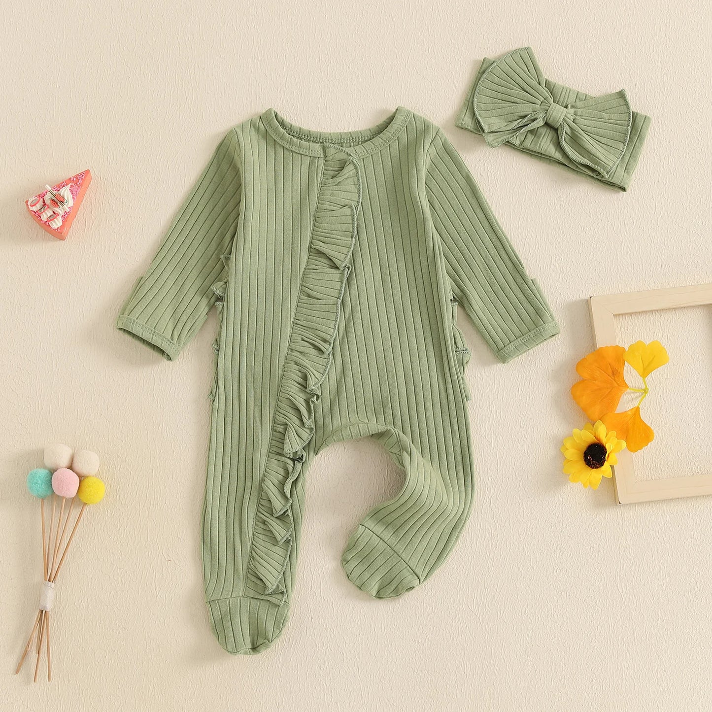Newborn Baby Romper Set - Solid Ribbed Ruffle Trim Zipper Footed Jumpsuit & Bow Headband