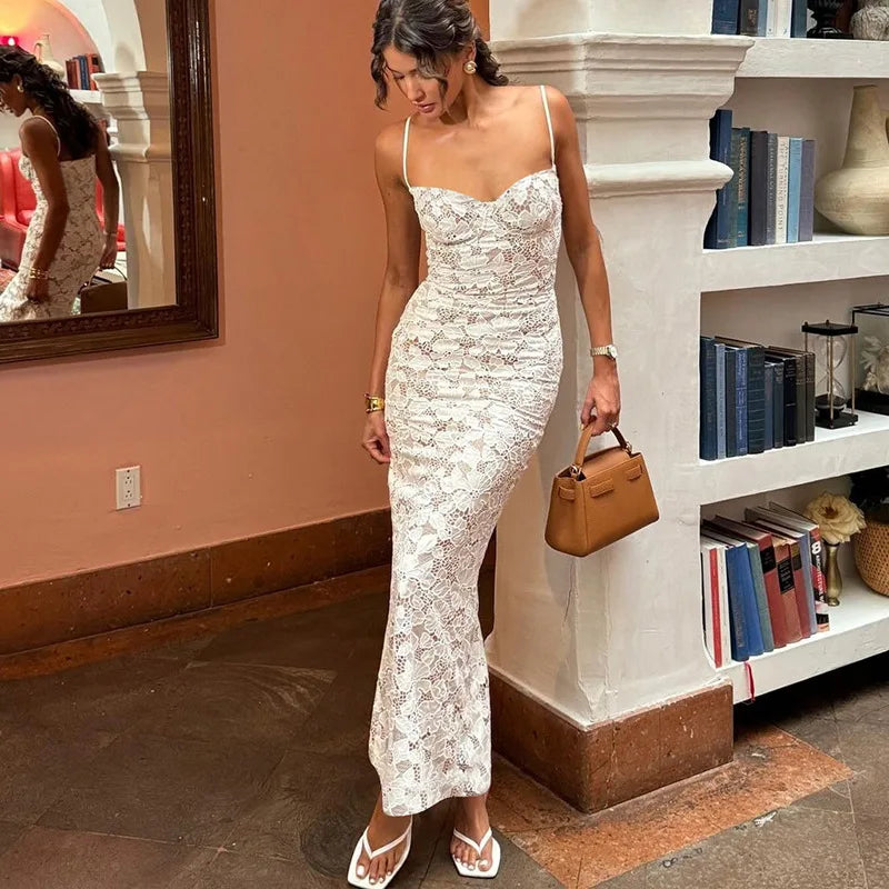 Women's Elegant Slip Lace Hollow Out Maxi Party Club Backless Bodycon Dress