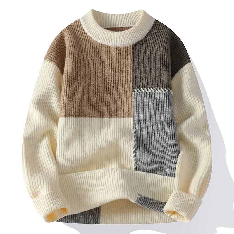 Men's Patchwork Round Neck Knit Pullovers Loose Casual Knitted Sweater