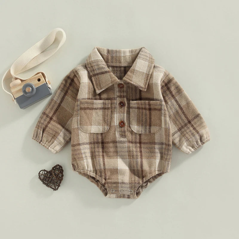 0-24M Infant Baby Boys Gentlemen Romper - Long Sleeve Turn Down Collar Plaid Printed Jumpsuit