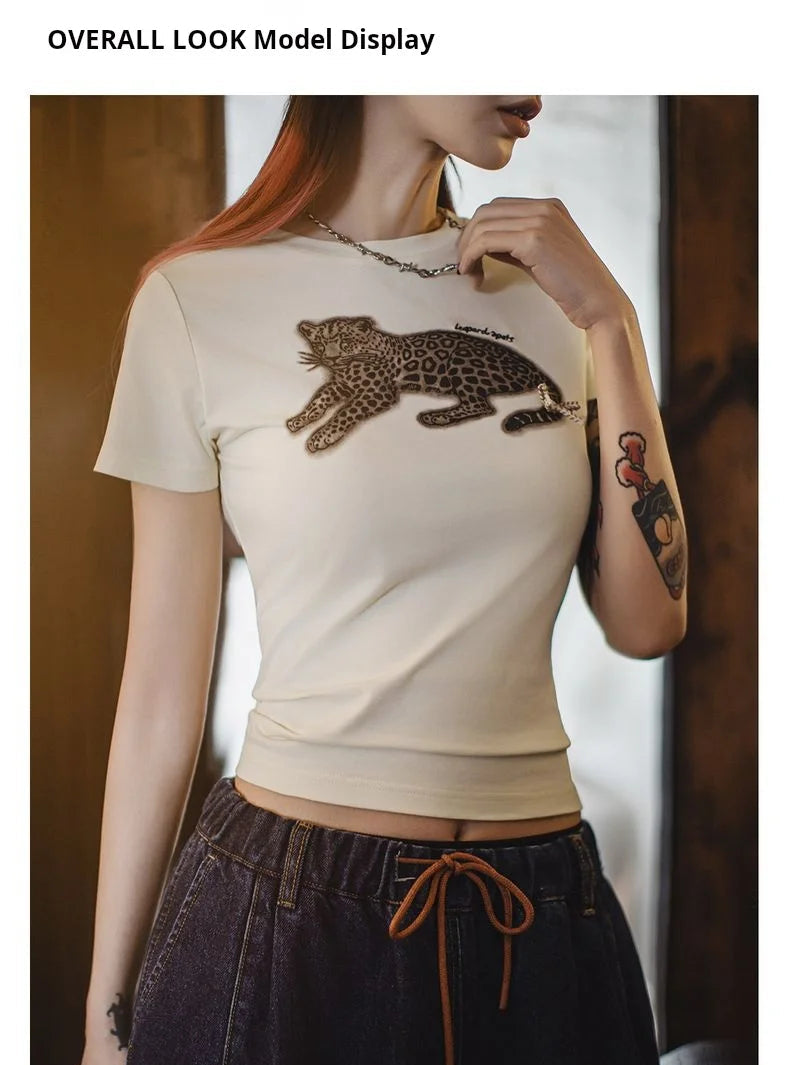 Women's Animal Print Short Sleeve T-Shirt - Vintage Crew Neck Tee