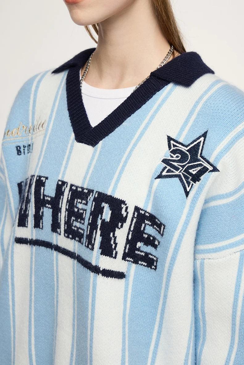 Unisex Vertical Stripe Cozy Retro Sporty Loose Colorblock Knit Pullover Top Sweater