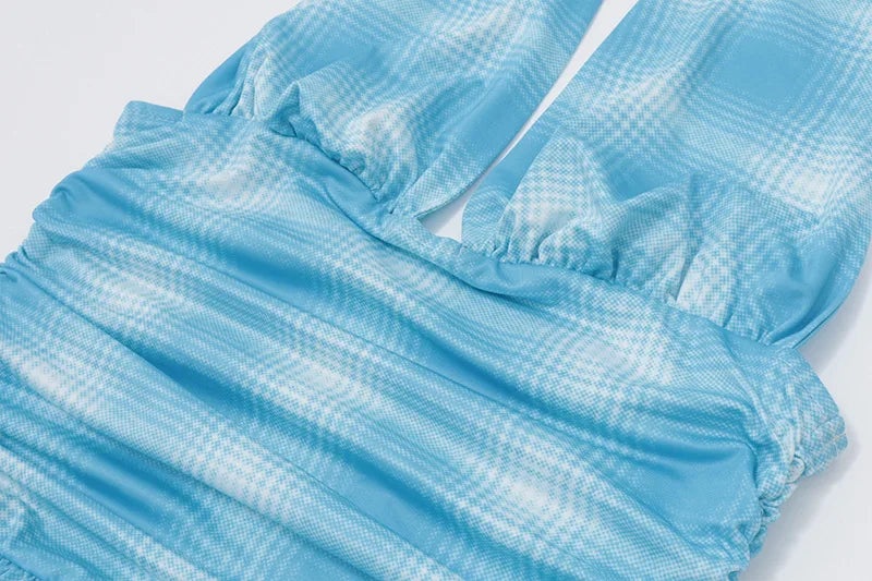 Women's Plaid Gradient Halter Plunge Mini Dress Outfit Summer Backless A-Line Ruched Dress