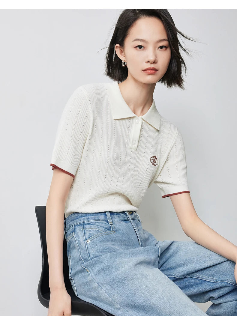 Women's Knitwear Contrast Color Hollow Out Polo Neck Short Sleeve Shirt