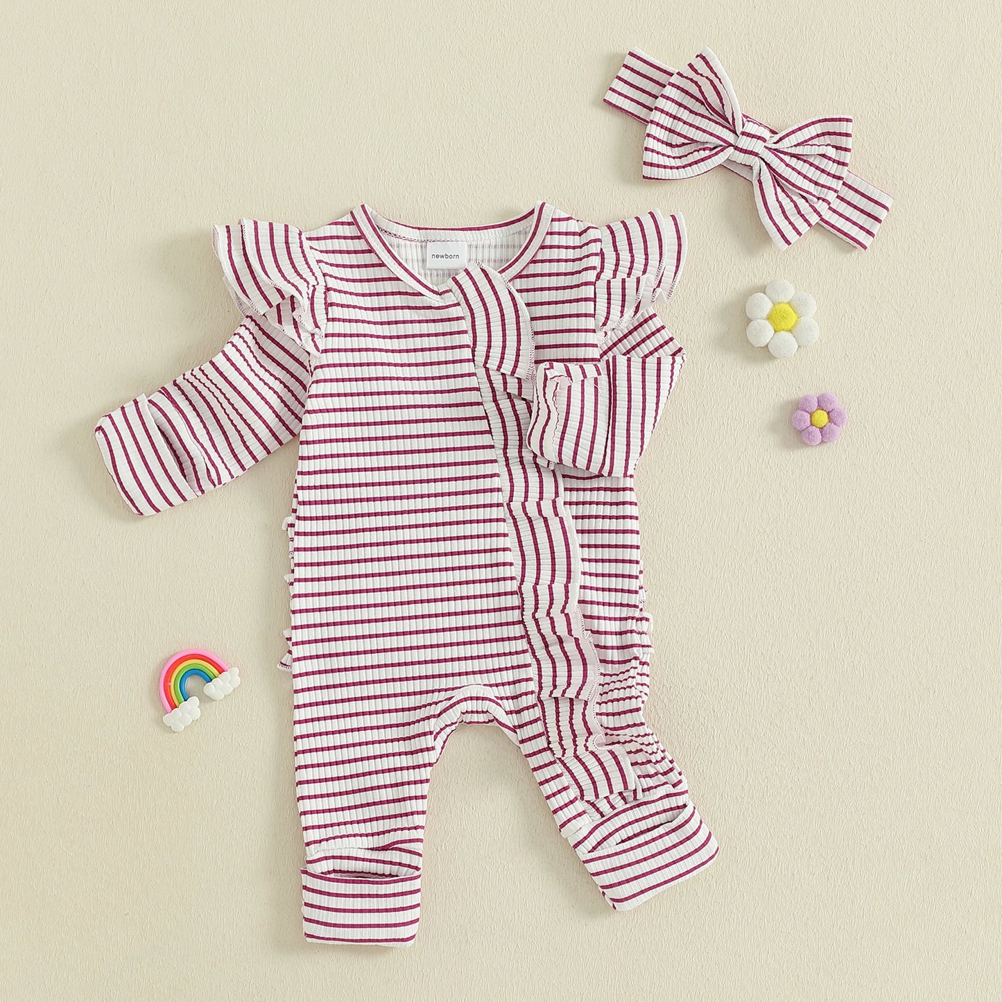 Newborn Baby 2-Piece Romper Outfit Set - Striped Jumpsuit with Headband