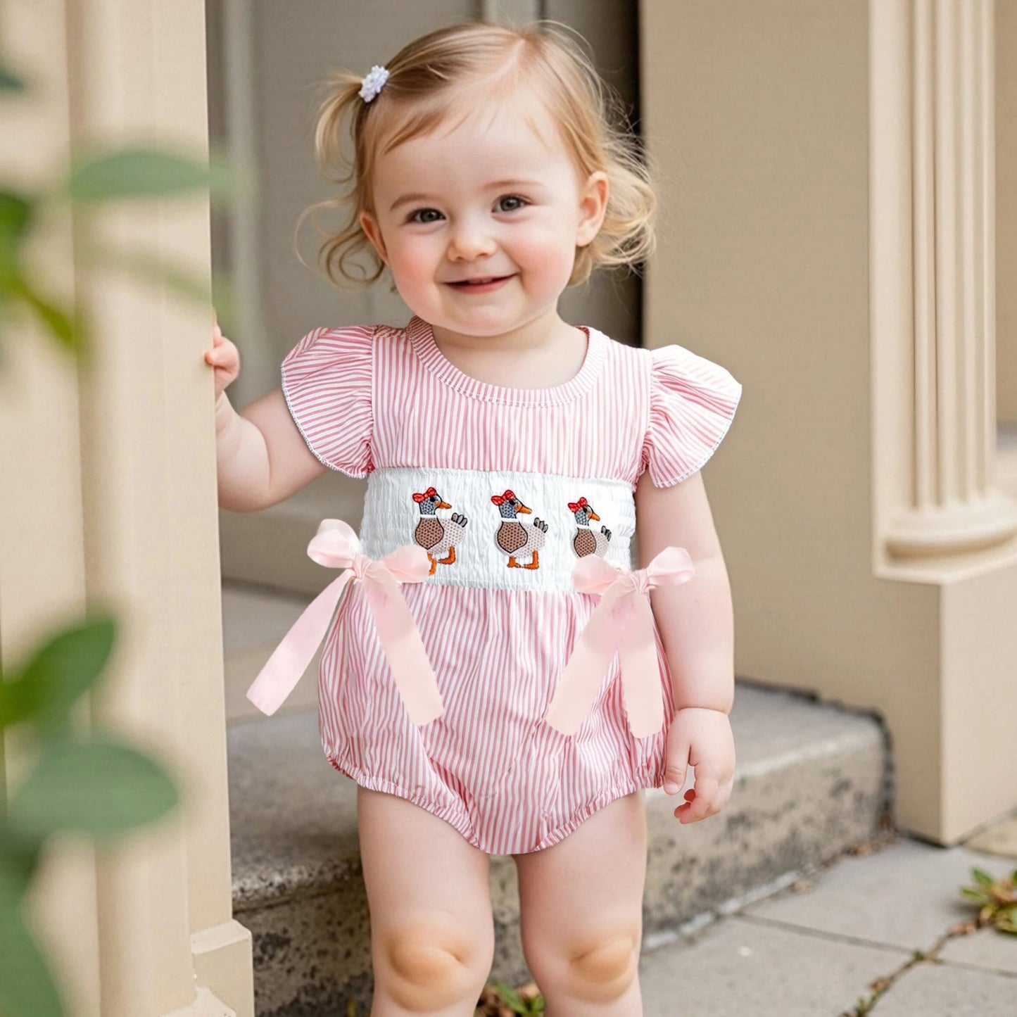 Baby Girls Striped Duck Embroidery Romper - Short Sleeve Jumpsuit with Bow (0-18M)